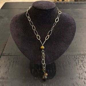 Etienne Aigner Tigers Eye Dainty Gold Tone Chain Lariat Dangle Necklace